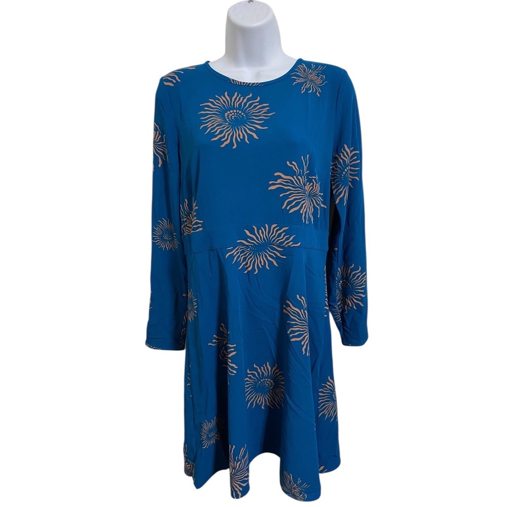 Ann Taylor LOFT Petite Blue Sunburst Print Long Sleeve A-Line Dress Size 6P - Picture 2 of 11